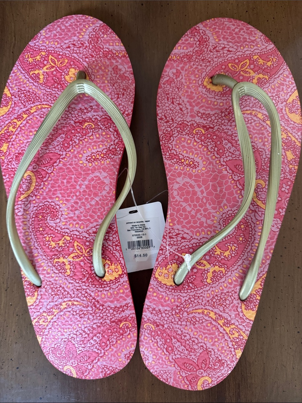 GAP Pink Paisley Flip Flop Sandals with Gold Straps